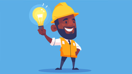 African-american engineer with light bulb. Vector flat graphic design illustrationのイラスト素材