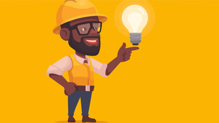 African-american engineer holding a light bulb in his hand. Cheerful engineer holding a light bulb in his hand.のイラスト素材