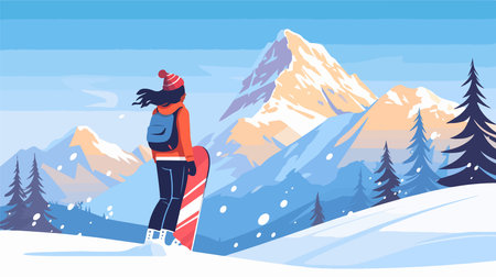 Snowboarder girl in winter mountains. Vector illustration in flat styleのイラスト素材