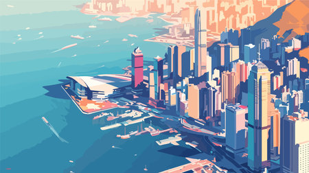 Cityscape of Hong Kong from above. Vector illustration in flat styleのイラスト素材