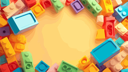 Illustration of a frame made of colorful children's toys on a yellow backgroundのイラスト素材