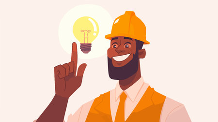 African-american engineer with light bulb. Vector illustration in cartoon styleのイラスト素材