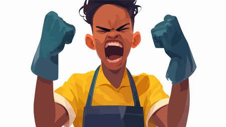 Angry african american male worker in apron shouting and clenching fists isolated vector illustrationのイラスト素材