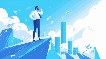 Businessman standing on the top of the mountain and looking at the sky, vector illustrationのイラスト素材