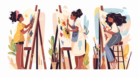 Painting workshop. Young african-american woman paints picture on easel. Vector flat illustrationのイラスト素材