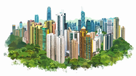 Cityscape with green trees and skyscrapers. Vector illustration.のイラスト素材