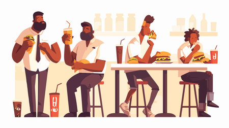 People in fast food cafe. Men and women sitting at table and eating burgers. Vector illustrationのイラスト素材