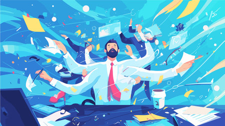 Successful businessman with raised hands in office. Flat design vector illustration.のイラスト素材