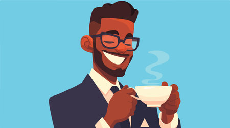 Young african american man drinking coffee. Vector illustration in cartoon styleのイラスト素材