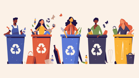 People sorting garbage. Flat vector illustration. Recycling concept.のイラスト素材
