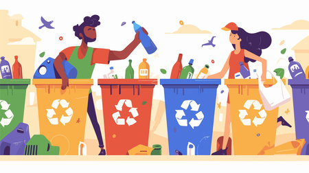 People throwing garbage into trash can, flat vector illustration. Cartoon man and woman sorting garbage. Recycling conceptのイラスト素材