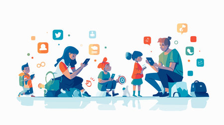 Vector illustration of social media. Group of people with smartphones and messages.のイラスト素材