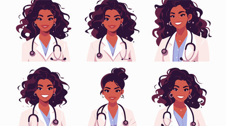 Set of african american female doctors in different poses vector illustrationのイラスト素材
