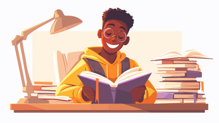 Happy African American boy in glasses reading a book at home. Flat style vector illustration.のイラスト素材