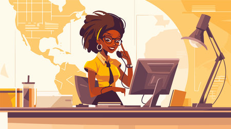 African american businesswoman working at desk in office, talking on phone and using computer. Vector flat illustrationのイラスト素材