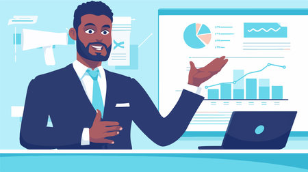 Businessman in office. Vector illustration in a flat style. Businessman at work.のイラスト素材