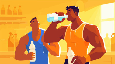 Vector illustration of two men in sportswear drinking water from bottle on kitchen backgroundのイラスト素材