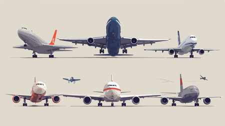 Airplanes in different poses. Vector illustration in a flat style.のイラスト素材