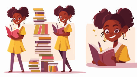 Cute african american schoolgirl reading book. Vector illustrationのイラスト素材