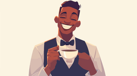 Smiling african american waiter with cup of coffee vector illustrationのイラスト素材