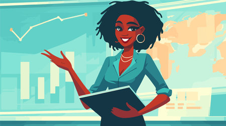 African american business woman with folder in hands. Vector flat illustrationのイラスト素材