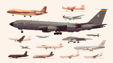 Set of different military aircrafts. Vector illustration in cartoon style.のイラスト素材