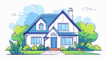 Suburban house in the countryside. Vector illustration in flat style.のイラスト素材