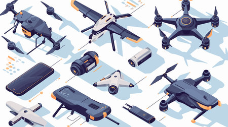 Drone quadrocopter isometric icons set with quadcopter drone isolated vector illustrationのイラスト素材
