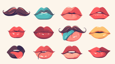 Vector set of lips with moustache in different colors. Cartoon style.のイラスト素材