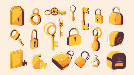 Lock, key and padlock icons set. Vector illustration in cartoon styleのイラスト素材