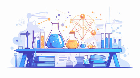 Science laboratory research and development concept. Vector illustration in flat style.のイラスト素材