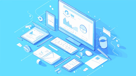 Isometric flat design concept of data analysis, cloud computing, business analytics, financial reporteting research, digital marketing. Vector illustration.のイラスト素材