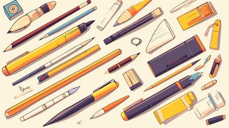 Vector illustration of a set of school supplies on a light background.のイラスト素材