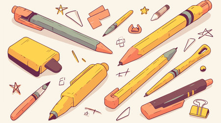 Pencils and other stationery set. Vector illustration in cartoon style.のイラスト素材