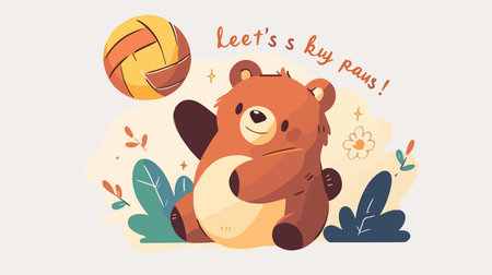 Cute cartoon bear playing volleyball. Vector illustration in flat style.のイラスト素材