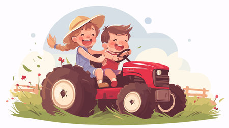Cute little boy and girl riding a tractor. Vector illustration.のイラスト素材