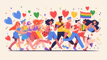 Group of young people running together with hearts and balloons, flat vector illustration.のイラスト素材
