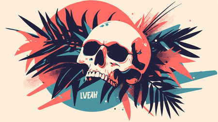 Skull and palm leaves on grunge background. Vector illustration.のイラスト素材