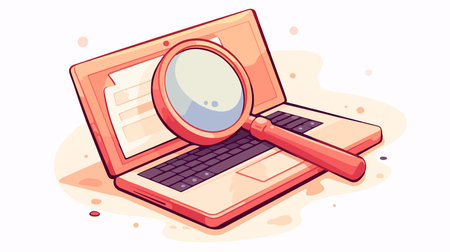 Laptop with magnifying glass on a white background. Vector illustration.のイラスト素材