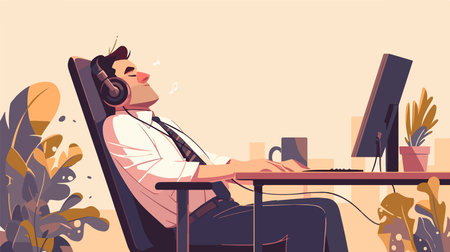 Man in headphones works at the computer. Vector illustration in cartoon styleのイラスト素材
