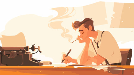 Retro journalist working with typewriter and smoking cigarette. Vector illustrationのイラスト素材