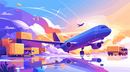 Airplane on the background of the city. Vector illustration in flat styleのイラスト素材