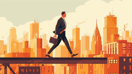 Businessman walking on the bridge over the city. Vector illustration.のイラスト素材