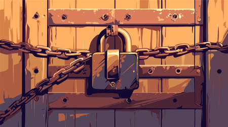 Wooden door locked with chain and padlock. Vector illustration.のイラスト素材