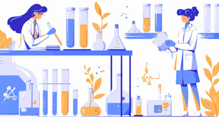 Scientist in laboratory with test tubes and flasks. Vector flat illustrationのイラスト素材