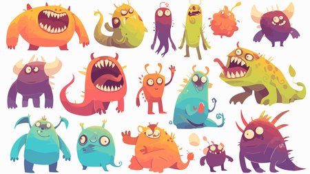 Set of cute cartoon monsters. Vector illustration isolated on white background.のイラスト素材