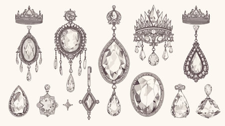 Jewelry set. Collection of jewelry earrings, pendants, crowns. Vector illustrationのイラスト素材