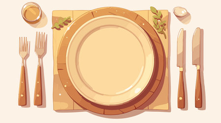 Empty plate with cutlery and napkin. Vector illustration.のイラスト素材