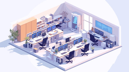 Isometric office interior. Workplace with computers and furniture. Vector illustrationのイラスト素材