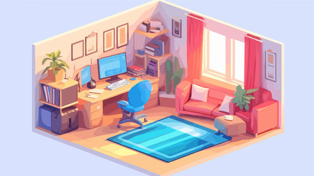 Living room isometric composition with comfortable workplace and computer on table vector illustrationのイラスト素材